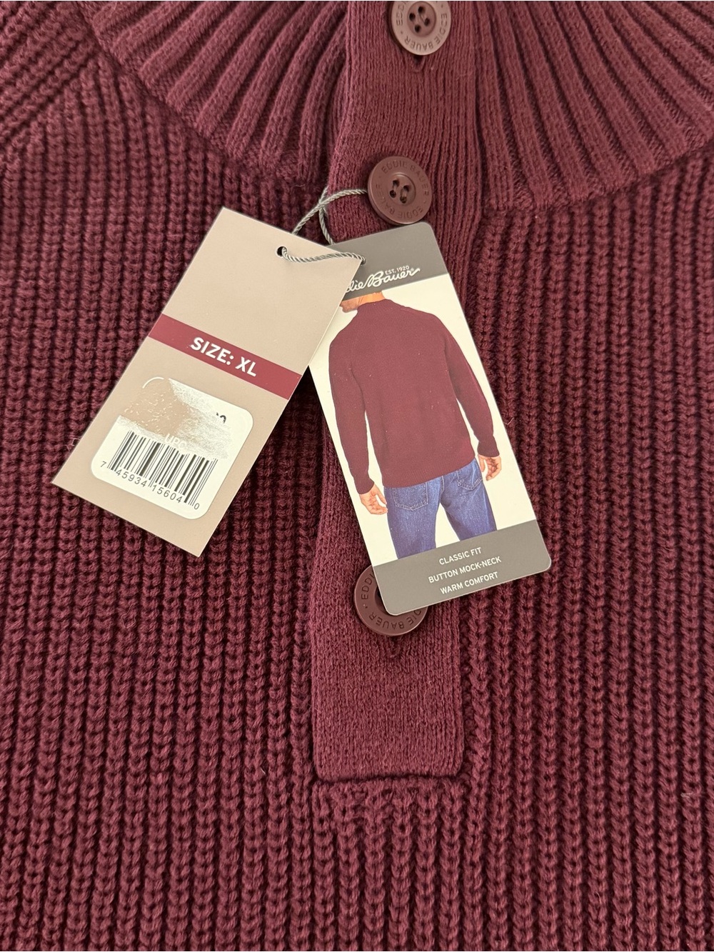 Eddie Bauer Sweater Mens Red Maroon Pullover Quarter Zip Size XL NWT - Picture 3 of 8